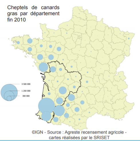 Répartition du cheptel de canards gras en France métropolitaine